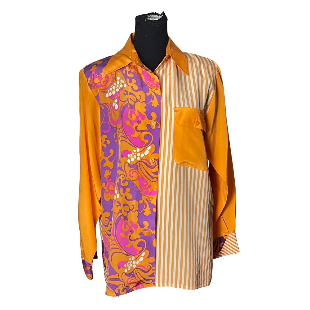 Koos of Course! Womens 100% Silk Mixed Print Blouse Orange Purple Striped Small